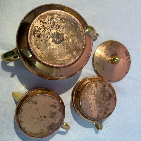 Vintage Tagus Portugal Stackable Copper/Brass Teapot Set with Creamer, Cup, Lid - Picture 4 of 11